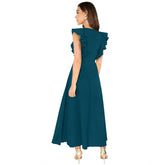 Women's Knitting stretchable Solid Round Neck Ruffled Sleeve Dress (Morpich)